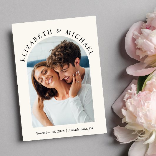 Moderne boog foto QR code crème bruiloft Kaart