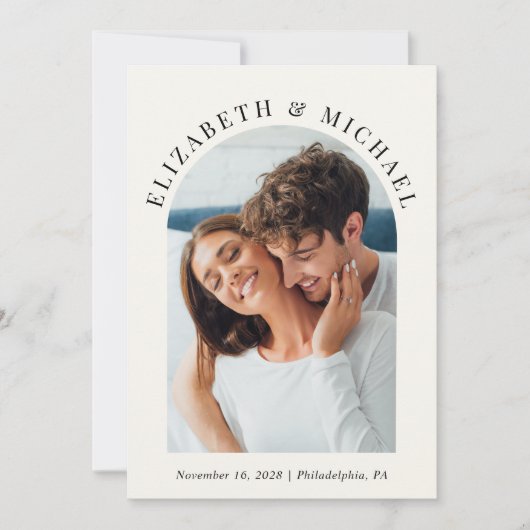 Moderne boog foto QR code crème bruiloft Kaart (Voorkant)