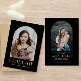 Moderne boog foto zwart & goud afstudeerfeest kaart