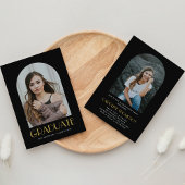 Moderne boog foto zwart & goud afstudeerfeest kaart