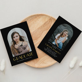 Moderne boog foto zwart & goud afstudeerfeest kaart