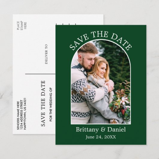 Moderne Boog Frame Foto Groen Save The Date Briefkaart (Voorkant / Achterkant)