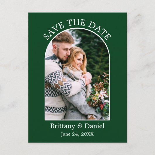 Moderne Boog Frame Foto Groen Save The Date Briefkaart (Voorkant)