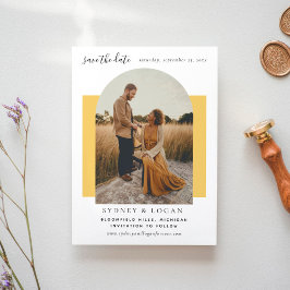 Moderne boog gele bruiloft foto save the date