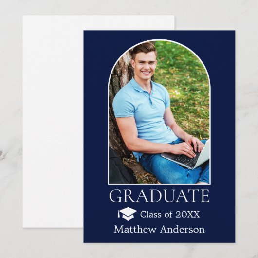 Moderne boog grad cap foto blauwe afstuderen aankondiging (Voorkant / Achterkant)