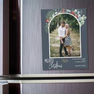 Moderne Boog Groene Begroeiing Stofblauw Kerst Fot