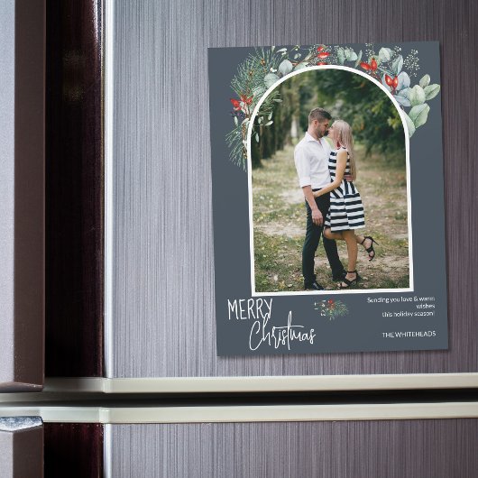 Moderne Boog Groene Begroeiing Stofblauw Kerst Fot