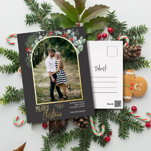 Moderne Boog Groenery Grijs Folie Kerst Foto Feestdagen Briefkaart