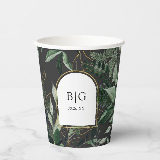Moderne boog met waterverf gebladerte bruiloft papieren bekers (Voorkant)