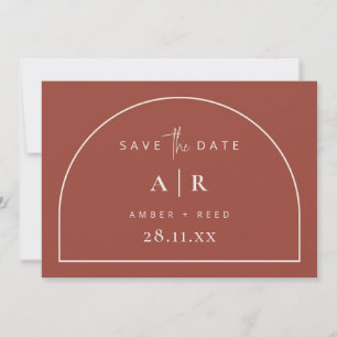 Moderne boog minimale trouw terracotta script   save the date