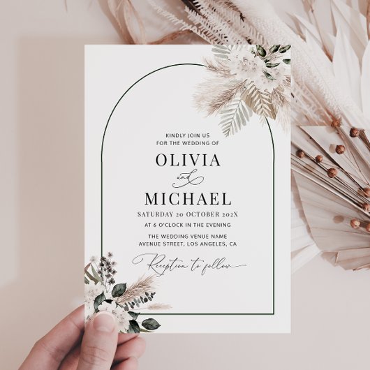 moderne boog pampas groen wedding uitnodiging