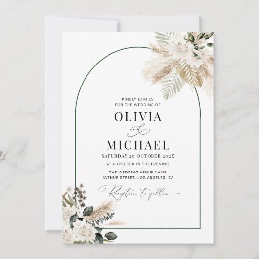 moderne boog pampas groen wedding uitnodiging (Voorkant)