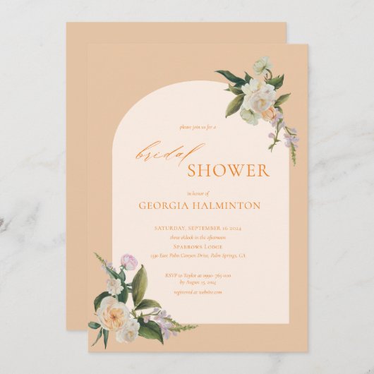 Moderne boog perzik bloemige bruids douche uitnodi kaart (Voorkant / Achterkant)