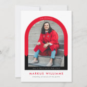 Moderne boog rode school kleuren afstudeerfeest kaart (Voorkant)