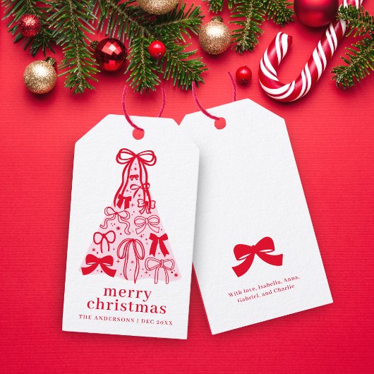 Moderne Boog Roze Rode Kerstboom Cadeaulabel
