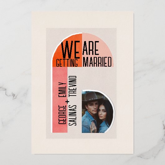 Moderne boog, Sinaasappel en roze, fotogebied Folie Uitnodiging (Voorkant)