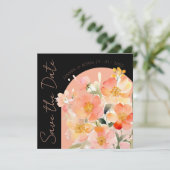 Moderne boog Sinaasappel Perzik en zwart bloemenbr Save The Date (Staand voorkant)