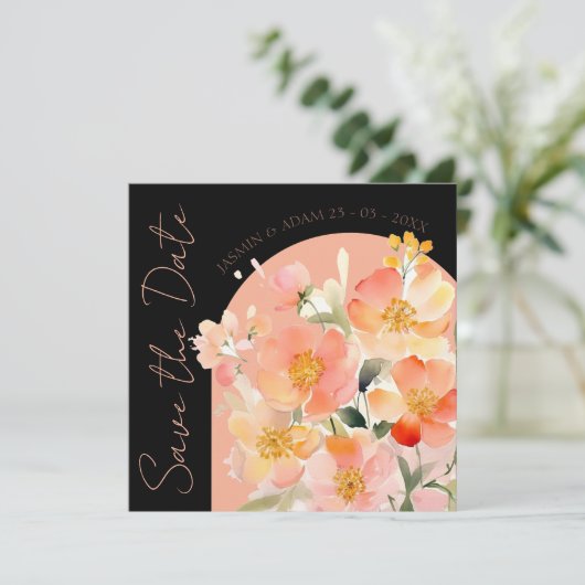 Moderne boog Sinaasappel Perzik en zwart bloemenbr Save The Date (Staand voorkant)