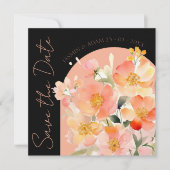 Moderne boog Sinaasappel Perzik en zwart bloemenbr Save The Date (Voorkant)