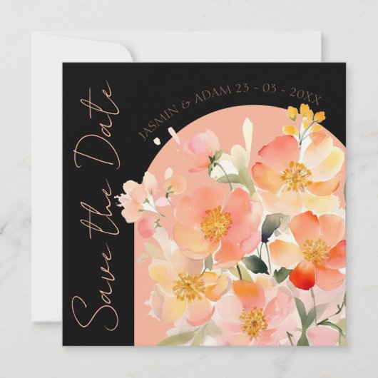 Moderne boog Sinaasappel Perzik en zwart bloemenbr Save The Date (Voorkant)