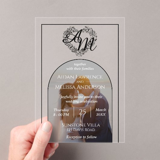 Moderne Boog Stijl Foto Monogram Huwelijk Acryl Uitnodigingen (Insitu (Draagbaar))