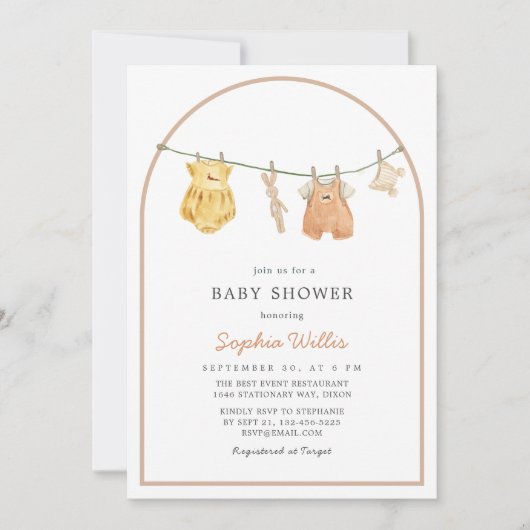 Moderne Boog Waterverf Eenvoudige Kleren Baby Show Kaart (Voorkant)