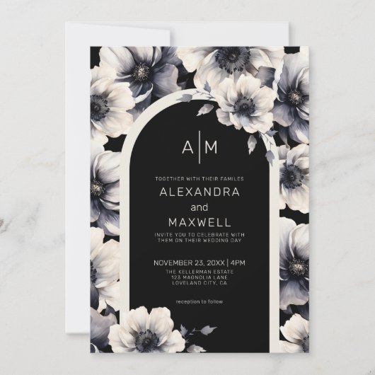 Moderne boog wit zwart bloemenbruiloft kaart (Voorkant)