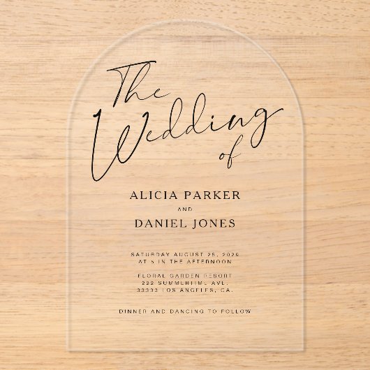 Moderne boog zwarte kalligrafie script bruiloft acryl uitnodigingen (Voorkant)