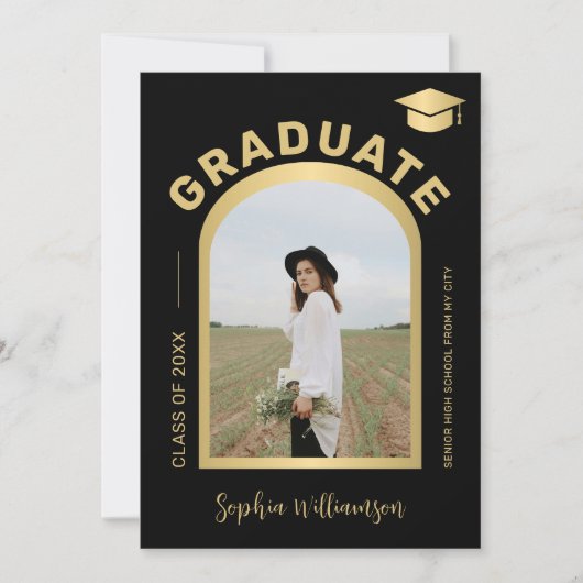 Moderne boogfoto afstuderen goud zwart afstuderen aankondiging (Voorkant)