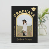 Moderne boogfoto afstuderen goud zwart afstuderen aankondiging (Staand voorkant)