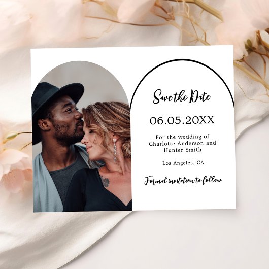 Moderne boogfoto bruiloft Save the Date Flyer