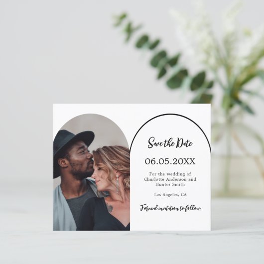 Moderne boogfoto bruiloft Save the Date kaart (Staand voorkant)