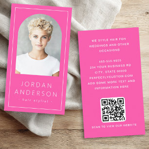 Moderne boogfoto dunne rand QR code hot pink Visitekaartje