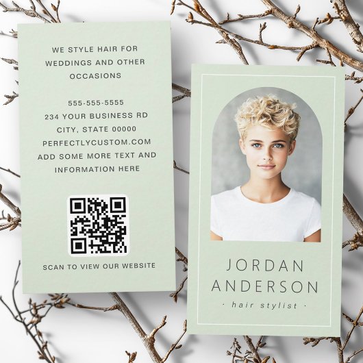 Moderne boogfoto dunne rand QR-code licht groen Visitekaartje