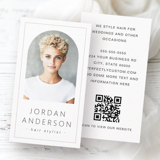 Moderne boogfoto dunne rand QR-code wit Visitekaartje