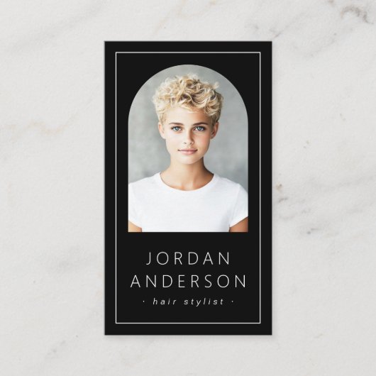 Moderne boogfoto dunne rand QR-code zwart Visitekaartje (Voorkant)