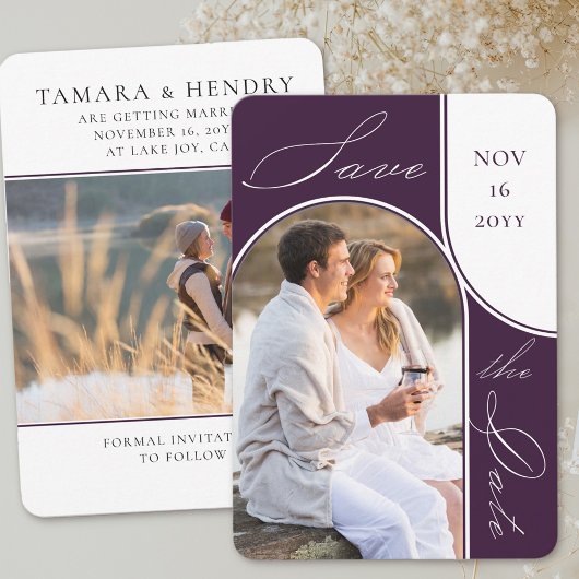 Moderne boogfoto Elegante kalligrafie Paarse Save The Date