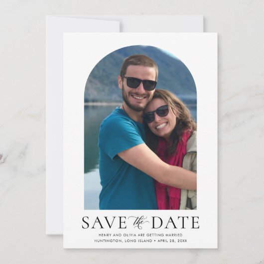 Moderne boogfoto en QR-code verticale bruiloft Kaart (Voorkant)