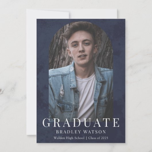 Moderne boogfoto Navy Blue Boy's Afstuderen Kaart (Voorkant)