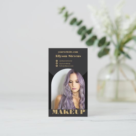 Moderne boogmake-up zwart goud foto qr code logo visitekaartje (Staand voorkant)