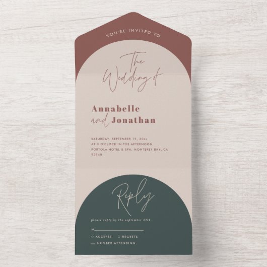 Moderne boogroestgroene script bruiloft all in one uitnodiging (Binnen)