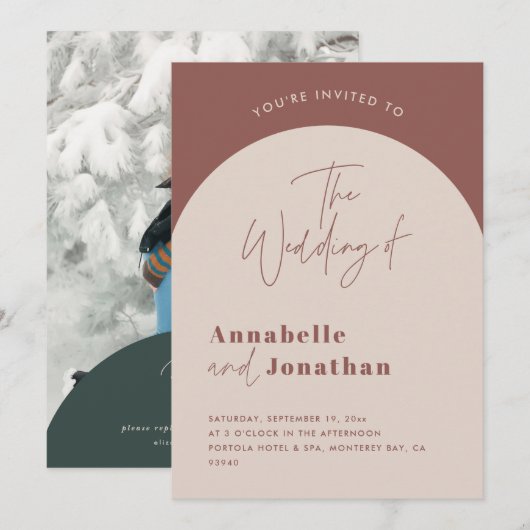 Moderne boogroestgroene scriptfotobruiloft kaart (Voorkant / Achterkant)