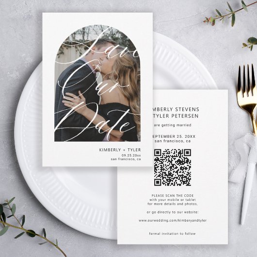 Moderne boogscriptfoto QR CODE bruiloft Save The Date