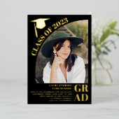 Moderne boogzwarte 5 foto's afstuderen folie uitnodiging (Staand Voorkant)