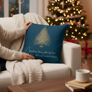 Moderne boom familie blauwe kerst kussen