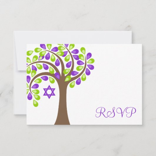Moderne boom van het Paarse Groene Bat Mitzvah RSV RSVP Kaartje (Voorkant)