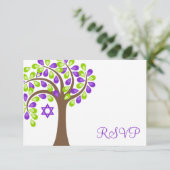 Moderne boom van het Paarse Groene Bat Mitzvah RSV RSVP Kaartje (Staand voorkant)
