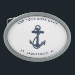 Moderne Boot Naam Marine Blauw Anker Custom Gesp<br><div class="desc">Voeg de naam en locatie van uw boot of kapitein toe door op de knop "Personaliseren" te klikken. Vaar in stijl met onze aangepaste nautische thema boot swag, de ultieme metgezel voor uw maritieme avonturen. Deze riemgesp heeft een schattig ontwerp geïnspireerd op de wonderen van de oceaan, met klassieke maritieme...</div>