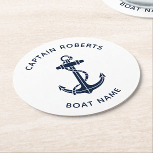 Moderne bootanker kapiteinsnaam nautisch maatwerk ronde kartonnen onderzetter