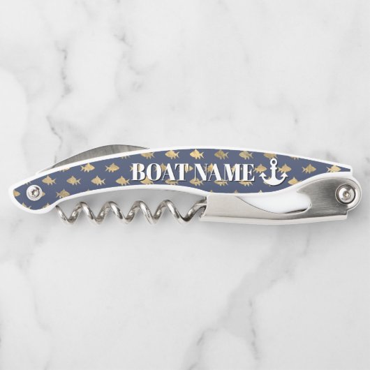 Moderne bootnaam Anchor Blue Gold Fish Nautical Kurkentrekker (Achterkant)